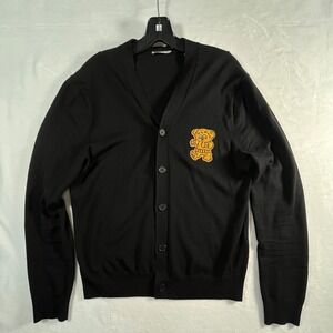 SANDRO Paris Mens M Black Wool Cardigan Teddy Bear Patch Sweater